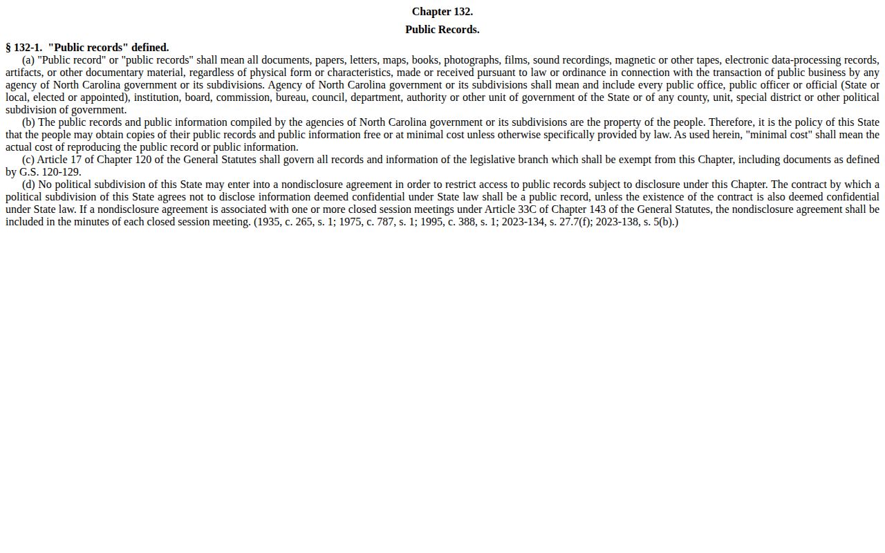North Carolina public records statute for Robeson booking records